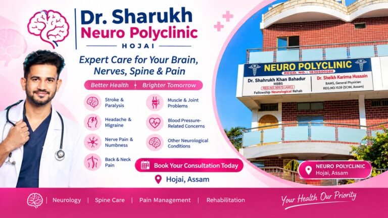 Book an Appointment in Hojai at Dr Shahrukh Neuro Polyclinic. Select a doctor, date and time, and send your appointment request through WhatsApp.